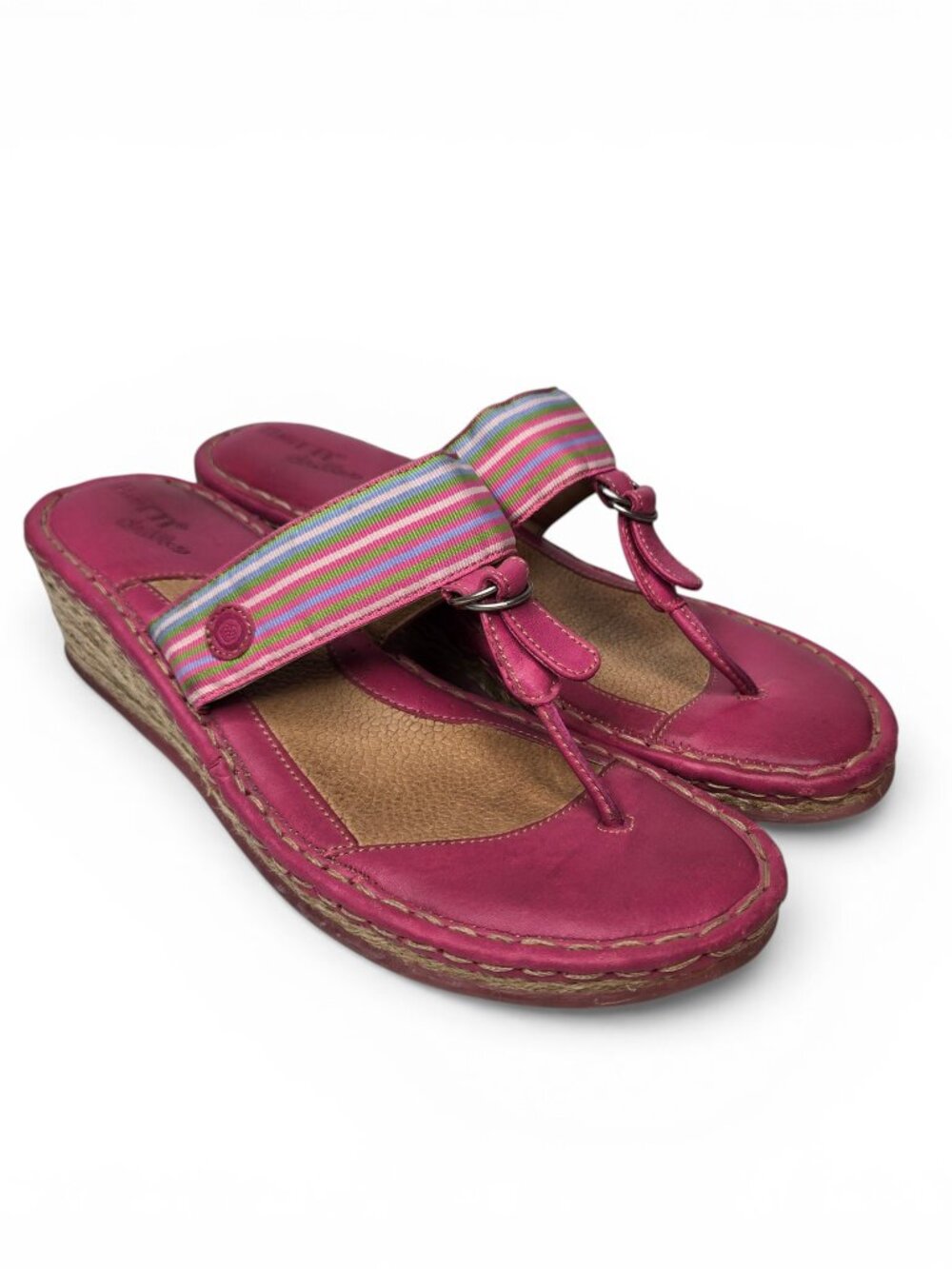 Born Drilles Pink Espadrille Wedge Womens Thong Sandals Rainbow Strap 8